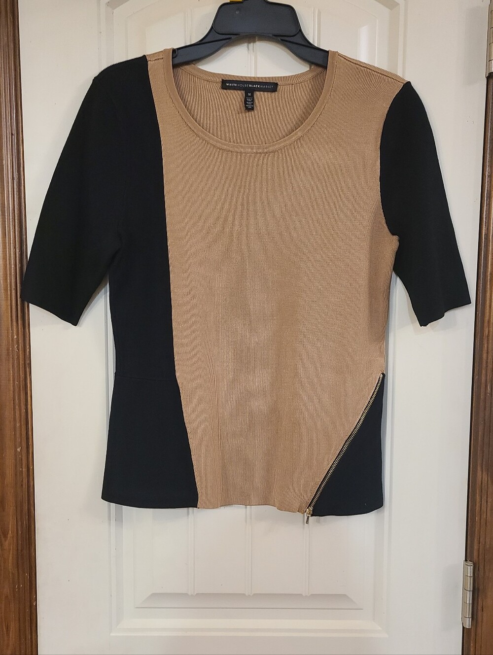 White House Black Market Colorblock Short-Sleeve Top with Zip Detail Size M